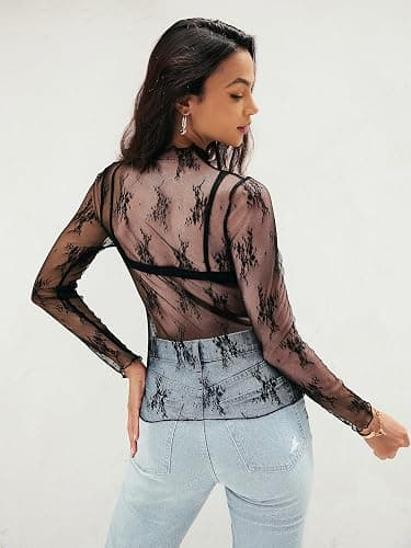 MEROKEETY Womens 2025 Lace Mesh Sheer Long Sleeve Top Sexy Y2k Mock Neck See Through Shirt Blouses thumbnail 5