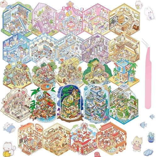 24 Sets 3D Sticker Scene, Sticker Therapy DIY, Kawaii 3D Stickers for Adults Girls Kids, Build Your Own Scene Stickers Collection Cozy Room Cute Miniature House Shop, Relief Stress Pass The Time - Image 1