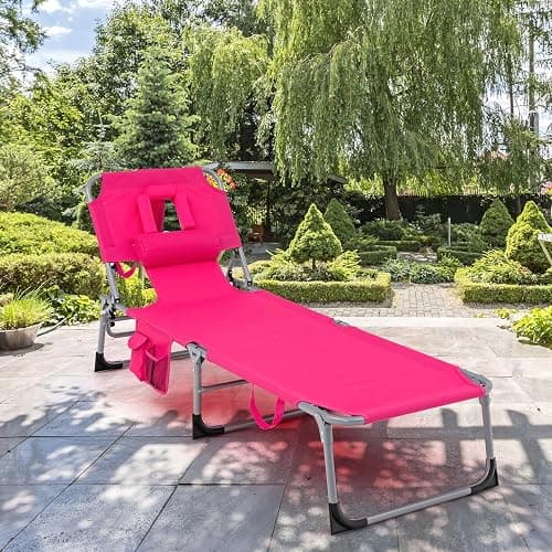 GYMAX Tanning Chair, Folding Beach Lounger with Face Arm Hole, Adjustable Backrest, Side Pocket, Pillow & Carry Handle, Outside Sunbathing Lounge Chair for Patio, Poolside, Lawn (1, Pink) thumbnail 9