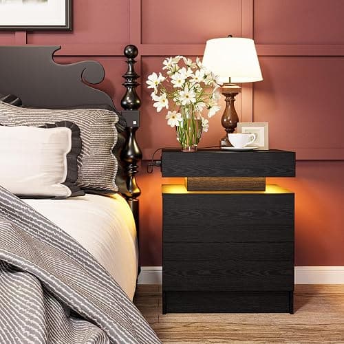 LIKIMIO Night Stand with Charging Station, Modern Black Nightstand with LED Light and Drawers, Bedside Tables/End Table for Bedroom thumbnail 3