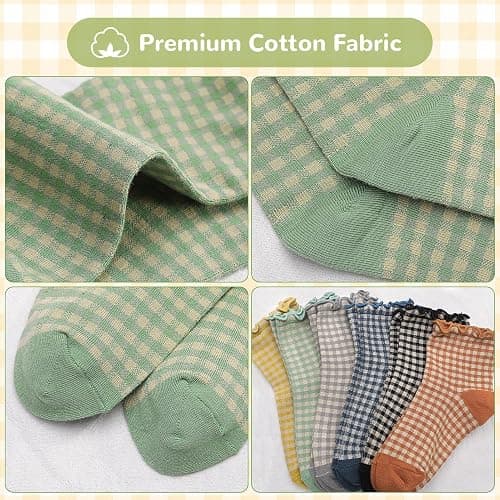 GGSTDDUP Women Ruffle Striped Frilly Socks, 6/10 Pairs Cute Checkered Ankle Sock for Women, Cotton Casual Crew Socks Size 5-9 thumbnail 3