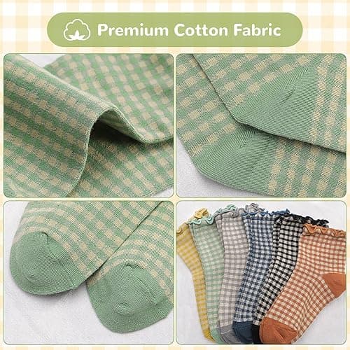 GGSTDDUP 6 Pairs Women Ruffle Socks Striped Frilly Socks, Women Cute Socks Checkered Socks Ankle Socks for Women Cotton Knit Casual Crew Socks Size 5-9 thumbnail 3