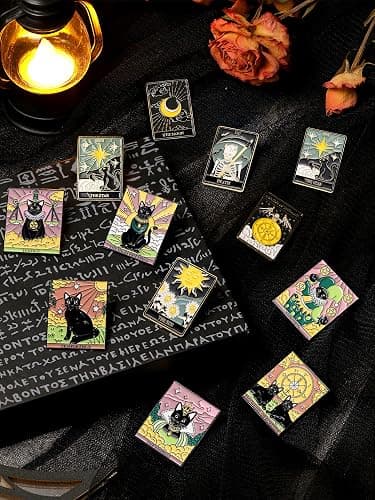 Kacctyen 12 Pieces Tarot Card Enamel Pins Set Divination Lapel Pins Black Cat Lapel Badge for Backpacks Bag Clothing thumbnail 2