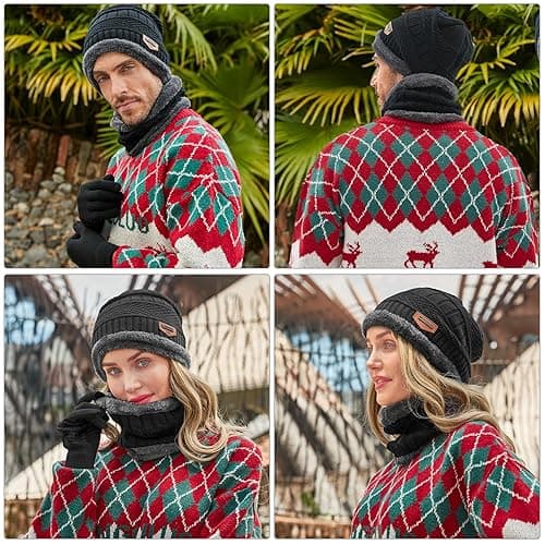 MAYLISACC Winter Knit Beanie Hat Neck Warmer Scarf and Touch Screen Gloves Set 3 Pcs Fleece Lined Skull Cap for Men Women thumbnail 7