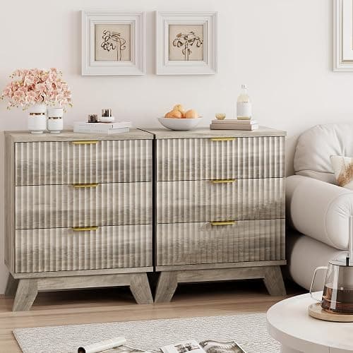Fluted Nightstand, 24" Wide Side Table with 3 Large Storage Drawers, Mid Century Modern Wood Night Stand with Metal Handle, Wooden Bedside End Table for Bedroom, Living Room, Closet, Grey thumbnail 7