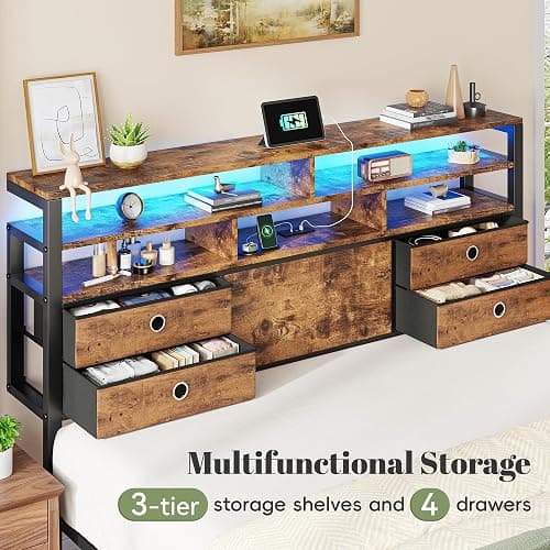 Homkdom Queen Bed Frame with 4 Drawers, Charge Station & LED Lights, Brown | Storage Headboard with 3-tier Shelves, Heavy-duty metal loads 880lbs, Noise-free, No box spring needed, Easy assembly thumbnail 3