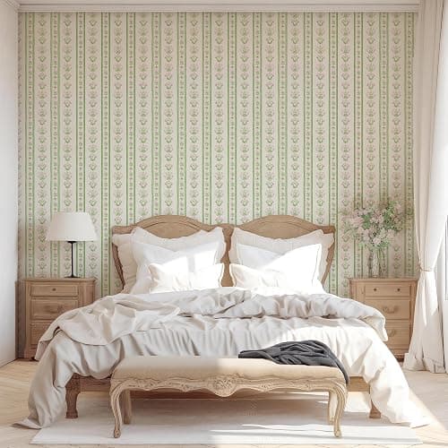 RollsRolla Green Stripe Peel and Stick Wallpaper Featuring Pink Floral, Vintage Farmhouse Inspired Renter Friendly Wallpaper, Cute and Whimsical Style for Girls Room, Bathroom, Laundry Room thumbnail 5