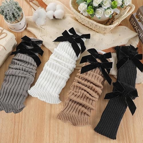 Geyoga 4 Pairs Winter Velvet Bow Leg Warmers for Women Warm Leg Warmer Kawaii 80s Y2k Coquette Japanese Knitted Boot Socks thumbnail 5