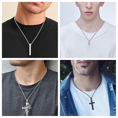 MAIBAOTA 8 Pcs Necklace for Men, Mens Necklaces Jewelry Set, Black and Silver Stainless Steel Necklace, Cross Pendant Necklace, 16-24 inches Chain thumbnail 3