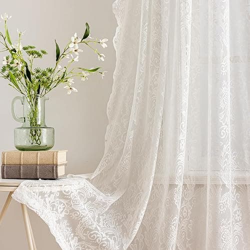 UNISTAR Lace Sheer Door Curtains with Rod, Luxury Vintage Floral Lace Curtains for Livng Room Room Divider Closet Rod Pocket 55 W x 80 L Inch,White (2 Panels+Rod) thumbnail 5