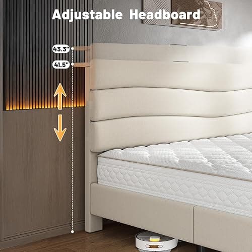 EnHomee Full Size Bed Frame with Fabric Headboard, Upholstered Full Bed Frame with 3 Charging Stations, Wooden Slats, Noise-Free, No Box Spring Needed, Beige thumbnail 6