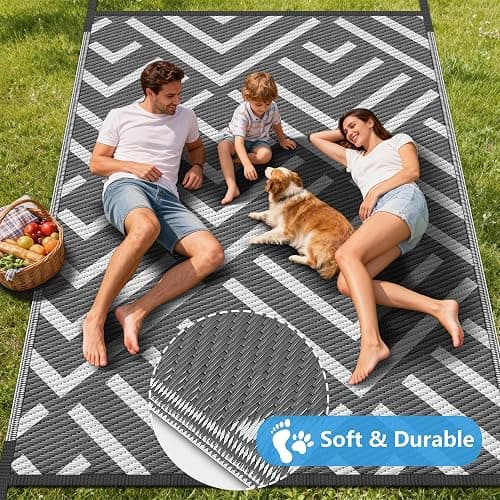 Kohree Outdoor Rug, Wave, 9x12 ft, Grey & White | Reversible, Waterproof, Non-Slip, Easy-Cleaning and Carry for RV, Patio, Deck, Camping, Balcony, Backyard thumbnail 5