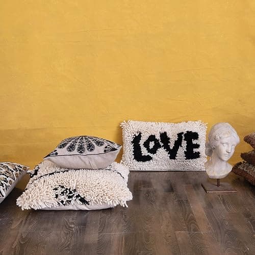 Creative Co-Op Woven Wool Shag Lumbar Pillow with Love Design, Black and Cream thumbnail 4