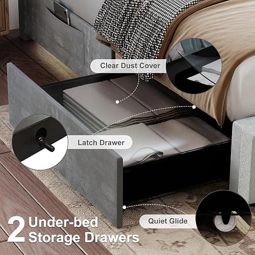 Torana Queen LED Bed Frame with 2 Drawers, Soft Velvet Platform Bed with Diamond Tufted Headboard Footboard and 2 Side Pockets, Mattress Foundation with Wooden Slats Support No Box Spring Needed, Grey thumbnail 6