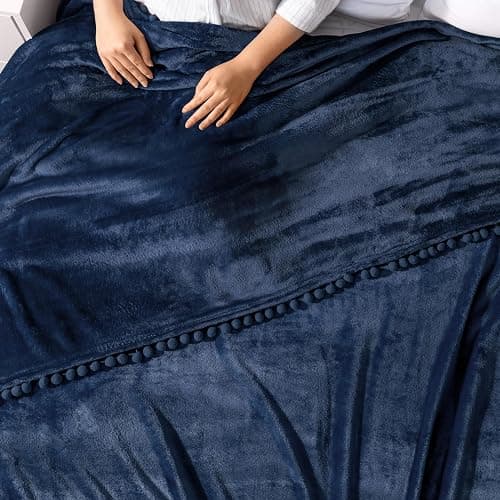 PAVILIA Fleece Throw Blanket for Couch with Pom Pom Fringe, Navy Blue, Soft Cozy Fuzzy Flannel Blanket for Sofa Bed, Lightweight Plush All Season Throw, 50x60 Inches thumbnail 7