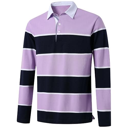 Men's Polo Shirts Long Sleeve Striped Dry Fit Casual Collared Pique Golf Polo Shirts for Mens - Image 1