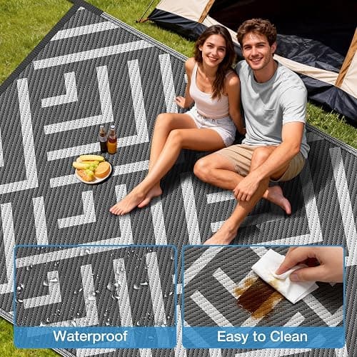 Kohree Outdoor Rug, Wave, 9x12 ft, Grey & White | Reversible, Waterproof, Non-Slip, Easy-Cleaning and Carry for RV, Patio, Deck, Camping, Balcony, Backyard thumbnail 3