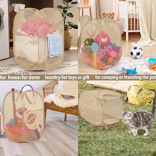 BATTOO Deluxe Strong Mesh Pop up Laundry Hamper Basket with Side Pocket for Laundry Room, Bathroom, Kids Room, College Dorm or Travel Beige thumbnail 8
