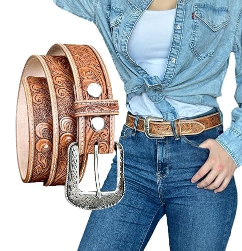 DANIEL'S ARTPLANET Women’s Western Leather Belt Cowgirl Belt For Jeans Pants Dresses Engraved Tooled Ladies Western Belt - Image 1