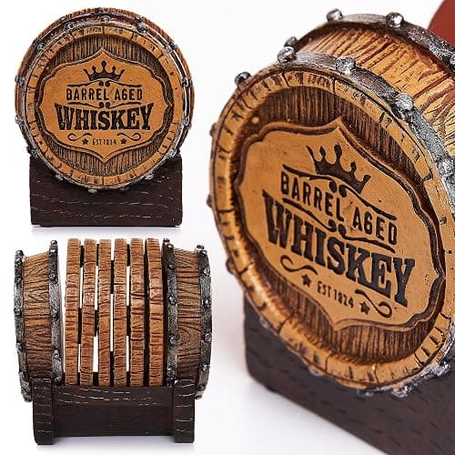 Cabin Obsession Whiskey Barrel Coaster Set – Handcrafted Whiskey Barrel Decor for Whiskey Lovers and Man Cave Gifts for Men - 6 Full Size Whiskey Coasters with Barrel Style Holder for Man Cave Décor thumbnail 5