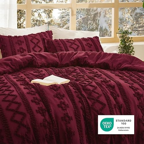 Bedsure Tufted Boho Comforter Set Queen Size - Burgundy Boho Bed Set, GentleSoft™ 3 Pieces Farmhouse Shabby Chic Embroidery Bedding, Gifts for Woman, Soft Jacquard Queen Comforter for All Seasons thumbnail 5