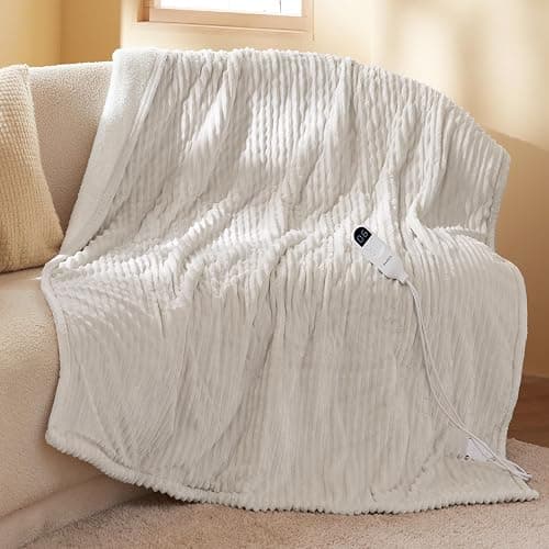 Bedsure GentleSoft Heated Blanket Throw - Soft Ribbed Flannel Electric Blanket, Heating with 4 Time Settings, 6 Heat Settings, and 3 hrs Timer Auto Shut Off, Gifts for Grandma (50x60 inches, Cream) - Image 1
