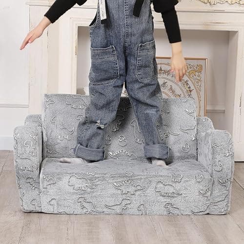 MOMCAYWEX Kids Sofa, 2-in-1 Flip-Out Foam Couch with Soft Sherpa Cover, Cozy Play Lounge Chair, Extra Wide, Glow in The Dark Grey thumbnail 3