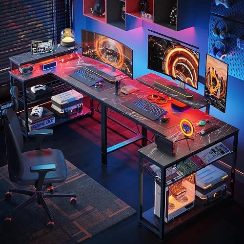 Bestier Small Gaming Desk with Power Outlets,42 L Shaped LED Computer Desk with Monitor Stand Reversible Storage Shelves,Corner Gamer Desk with Headset Hooks USB Port,Black Marble thumbnail 2