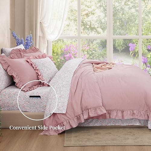 BLOOMHAVEN Twin XL Comforter Set - 5 Pieces Ruffle Soft Pink Bedding Sets, Shabby Chic Farmhouse Bed in a Bag Twin XL with Ruffle Comforter, Floral Sheets, Pillowcases & Shams thumbnail 3