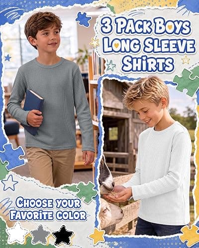 Hyggeweir 3 Pack Boys Long Sleeve Waffle Shirts | Teen Boys, Solid Tops, Crew Neck, Loose, Fall Thermal Tees, Layering, Back to School, Aged 5-14 Years, Kids thumbnail 3