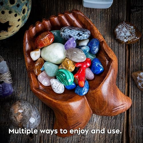 Curawood Carved Hands Offering Bowl - Crystal Holder for Stones, Rock Collection Holder, Crystal Display Storage Tray, Wooden Hands Bowl for Keys - Rock Display Case for Shelf, Stand, Altar Decor (M) thumbnail 6