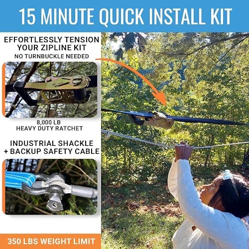 Zip Line Kit for Kids and Adults, 100/120/150/200ft, Up to 350 Lbs, Removable Trolley, Rustproof Stainless Steel, Quick Setup with Ratchet, Safety Harness, Backyard Adventure Fun W/Climbing Holds thumbnail 4