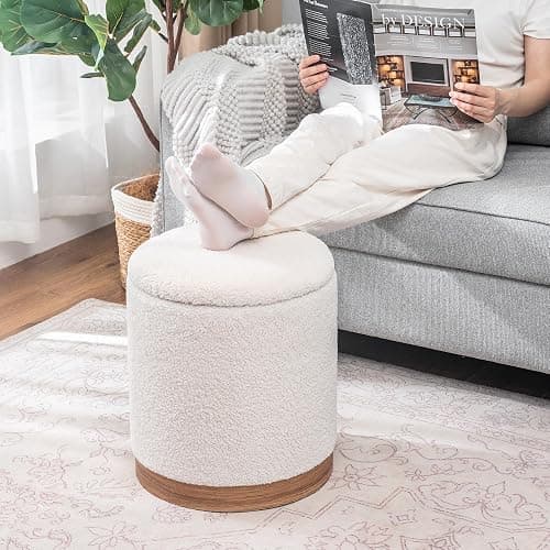 Joveco Round Storage Ottoman with Removable Lid, Boucle Small Upholstered Padded Vanity Foot Rest Stool for Living Room, Bedroom, Dorm, White with Oatmeal Wood Grain Trim thumbnail 2