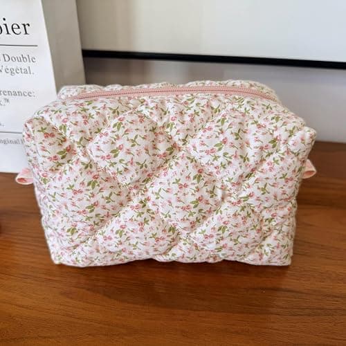 ZUNUONUO Cotton Quilted Makeup Bag Coquette Accessories Make up Bag Organizer Cute Floral Cosmetic Pouch Travel Makeup Bag for Women (Little Roses) thumbnail 2