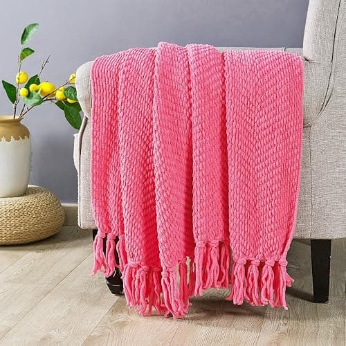 BYTIDE Throw Blanket for Couch Soft Knitted Textured Couch Cover Tweed Blanket with Fringe Tassel for Home Décor Bed Sofa Chair, 60" x 80", Hot Coral Pink thumbnail 5