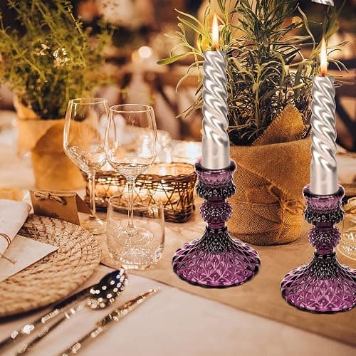 Glass Candle Holder, 2PCS Decorative Candle Sticks Pillar Candle Stand for Formal Events Wedding Party Table Centerpieces Home Decoration, Dark Purple thumbnail 5