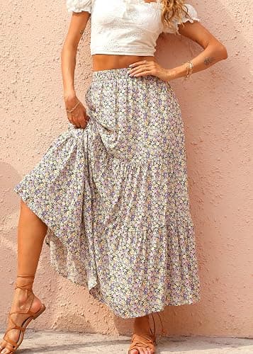 KIRUNDO Women 2026 Spring Summer High Waist Boho Floral Maxi Skirt Trendy Casual Flowy Swing Pleated A Line Beach Long Skirts thumbnail 3