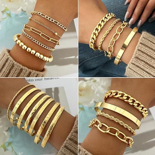 FAXHION 68 Pcs Gold Jewelry Set for Women with 7 Necklace, 17 Bracelet, 5 Hoop Earrings, 15 Stud Earrings, 24 Knuckle Rings for Women Jewelry Set for Women Gift thumbnail 4
