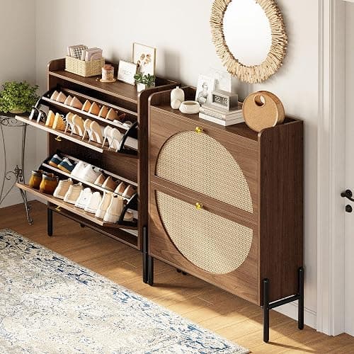 IRONCK Shoe Cabinet Storage with 2 Flip Drawers, Free Standing Wooden Shoe Storage Organizer Cabinet with Rattan Doors for Entryway, Narrow Shoe Rack Cabinet, Walnut thumbnail 9