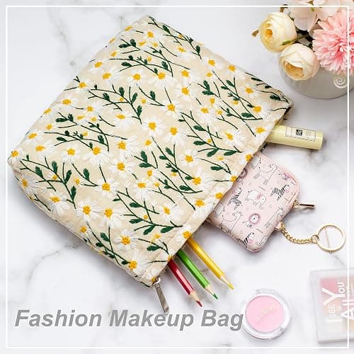 Makeup Bags for Purse Zipper Cosmetic Pouch Large Travel Canvas Make Up Organizer Tool Pouch for Women and Girls,Daisy White thumbnail 2