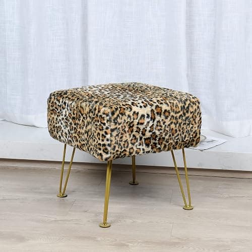 Warmaxx Leopard Print Square Ottoman 17"x17"x17" Faux Fur Entryway Bench Footrest Stool Accent Seating Cheetah Furry Ottoman Bedroom Vanity End of Bed for Bathroom Living Room Decor thumbnail 8