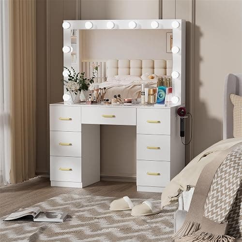FURNJOYLIFE White Makeup Vanity Desk with Lighted Mirror & Power Outlet,3 Color Modes, Brightness Adjustable,Vanity Table with Drawer,Sliding 2 Storage Wall-Mounted Jewelry thumbnail 9