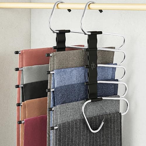 MORALVE Pants Hangers Space Saving - 2 Pack - Non-Slip Multi-Layer Space Saving Hangers - Multifunctional Clothing Rack for Closet Storage - Ideal for Jeans, Trousers, Skirts, Scarves & Slacks (Black) - Image 1