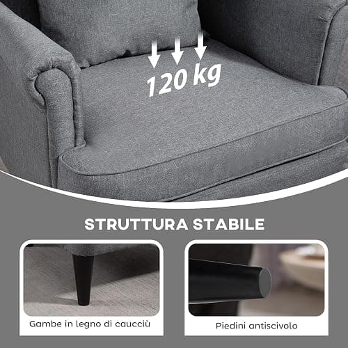 HOMCOM Poltrona Relax con Pouf Poggiapiedi, Cuscino e Schienale Alto, Poltroncina Camera da Letto in Tessuto Trapuntato con Gambe in Legno e Braccioli per Salotto e Soggiorno, 75x83x104 cm, Grigio thumbnail 6