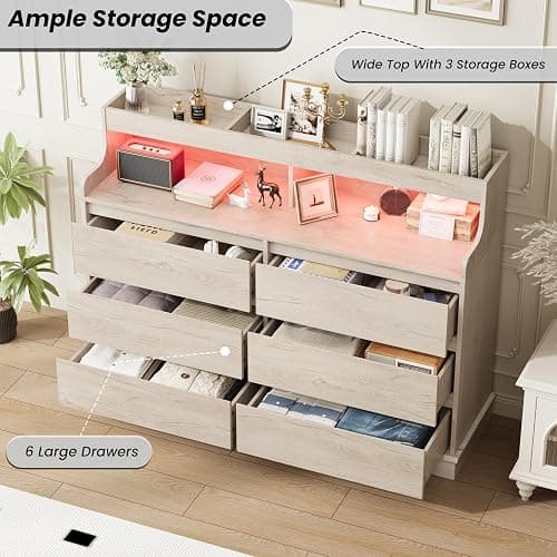 Garvee 6 Drawer Dresser, Desser for Bedroom with LED Lights and Charging Station, Wide Chest of Drawers with Open Space, Modern Large Capacity Storage Cabinet, Living Room, Hallway, Oak thumbnail 4