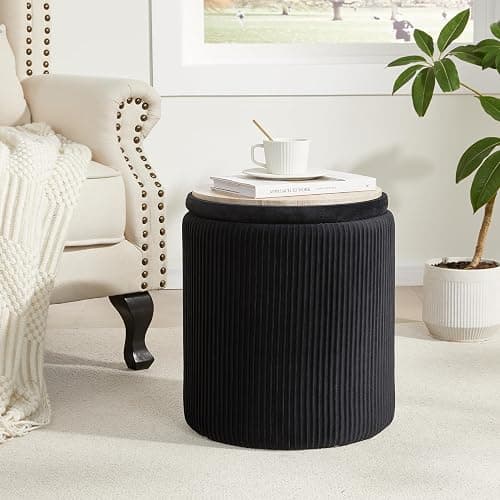 Royal Windsor Round Ottoman with Storage Set of 2,Vanity Stool with Storage for Bedroom, Ottoman Coffee Table,Small Velvet Foot Stool for Living Room, Black - Velvet-black thumbnail 2