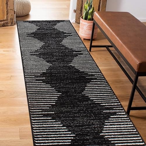 Rugshop Bohemian Stripe Stain Resistant High Traffic Living Room Kitchen Bedroom Dining Home Office Runner Rug 2' x 7' Black - Image 1
