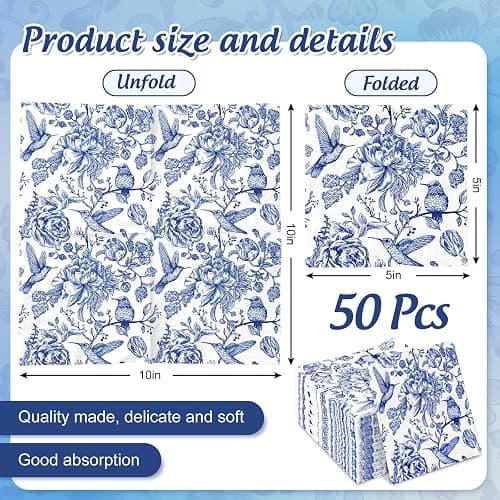 JarThenaAMCS 50Pcs Floral Bird Cocktail Paper Napkin Blue and White Disposable Napkin Vintage Flower Beverage Napkin for Spring Summer Birthday Party Table Decor Supplies thumbnail 3