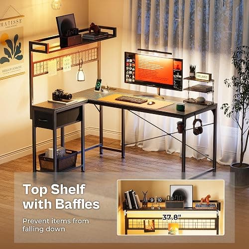 PRAISUN L Shaped Gaming Desk with Shelves, Corner Computer Table with LED Lights, Power Outlets and USB-C Ports, 50 Inch Home Office Desk with Storage Drawer, for Work and Study, Carbon Fiber Black thumbnail 7