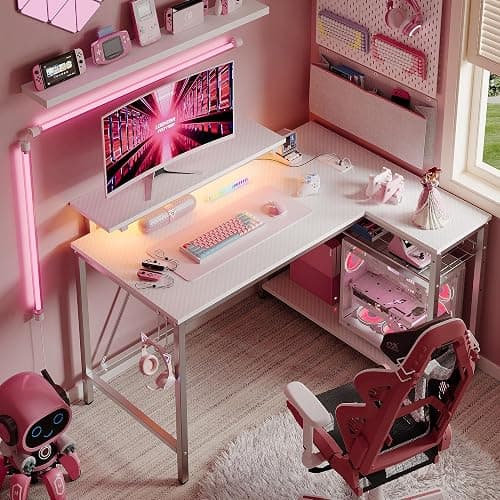 Bestier White Computer Desk with Charging Port & LED Strip,42 inch Modern Gaming Desk with Reversible Storage Shelves,Small L Shaped Desk with Hooks for Home Office - 42 Inch - White Carbon Fiber thumbnail 6